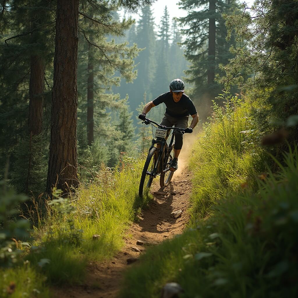 Mountain biker skillfully navigating a challenging trail amidst a dense pine forest near Bozeman, highlighted by rays of sunlight piercing through the trees