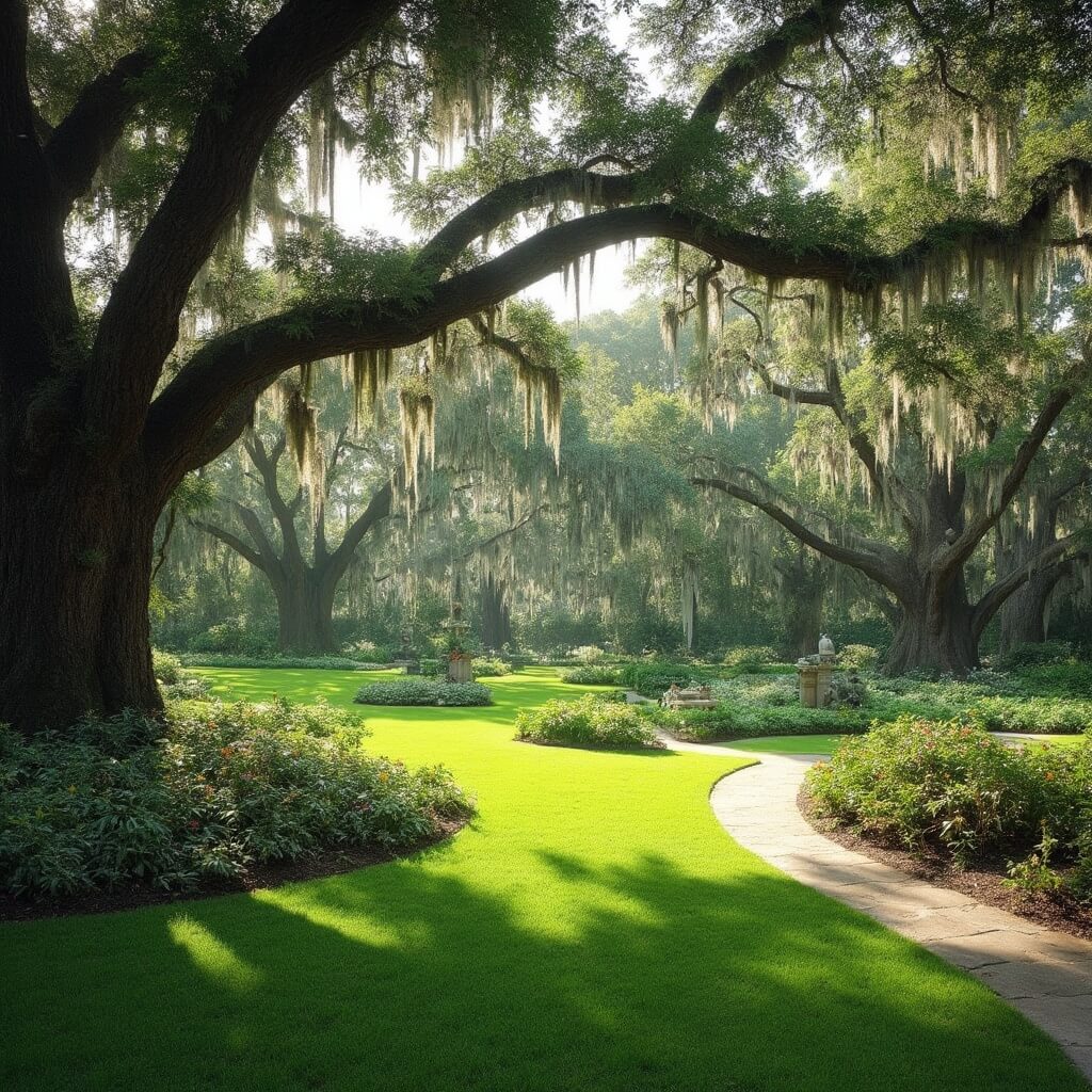 Brookgreen Gardens landscape with manicured lawns, ancient oak trees with Spanish moss, classical sculptures among blooming flowers, and winding paths in afternoon light