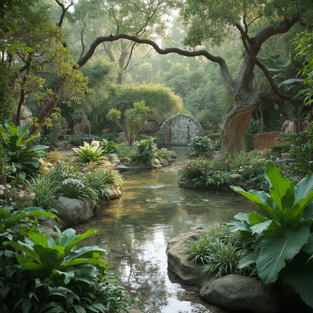 Tranquil garden scene at Brookgreen Gardens with intricate sculptures, green foliage, flowering plants, and soft natural lighting
