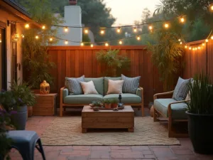 "Transformed backyard patio with rustic coastal modern design featuring weathered brick flooring, sage green loveseat with coastal-striped pillows, vintage wooden crate tables, LED string lights, terracotta planters, jute rug and woven rattan accents at sunset."