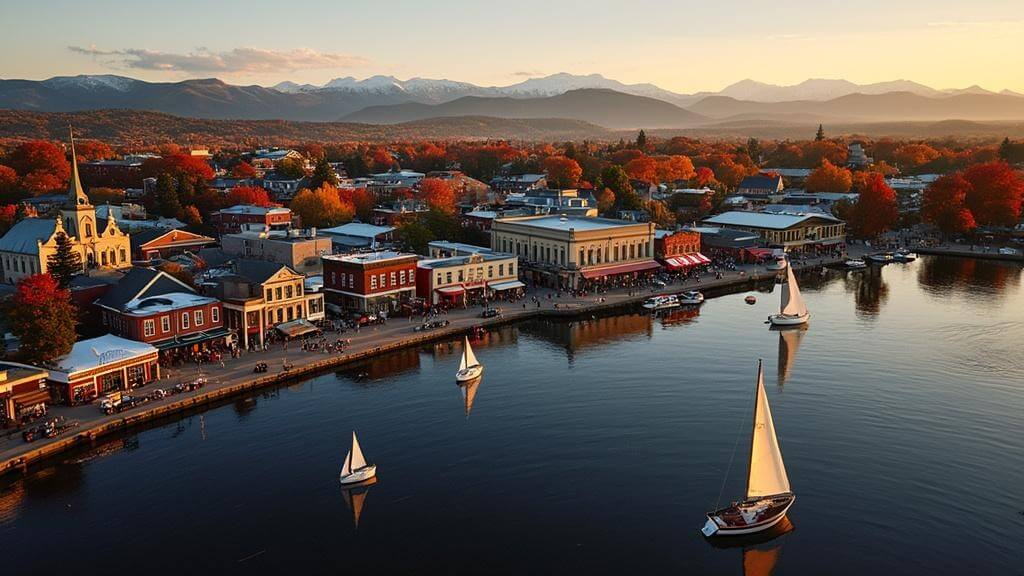 "Aerial view of Burlington, Vermont during golden hour featuring Lake Champlain with sailboats, illuminated Church Street Marketplace, autumn foliage cityscape, and snow-capped Green Mountains"