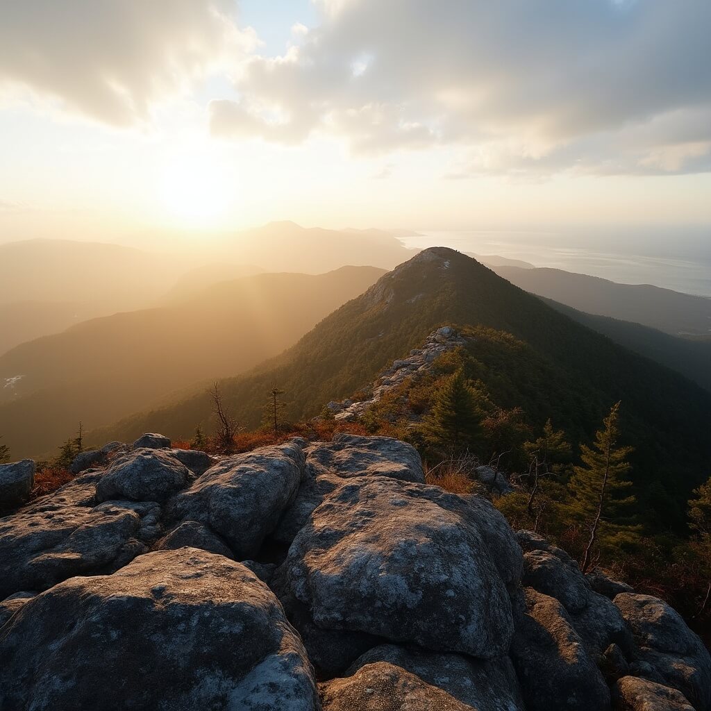 Sunrise over Cadillac Mountain with golden light on rocks, mist in valleys, and Atlantic Ocean in the distance at Acadia National Park