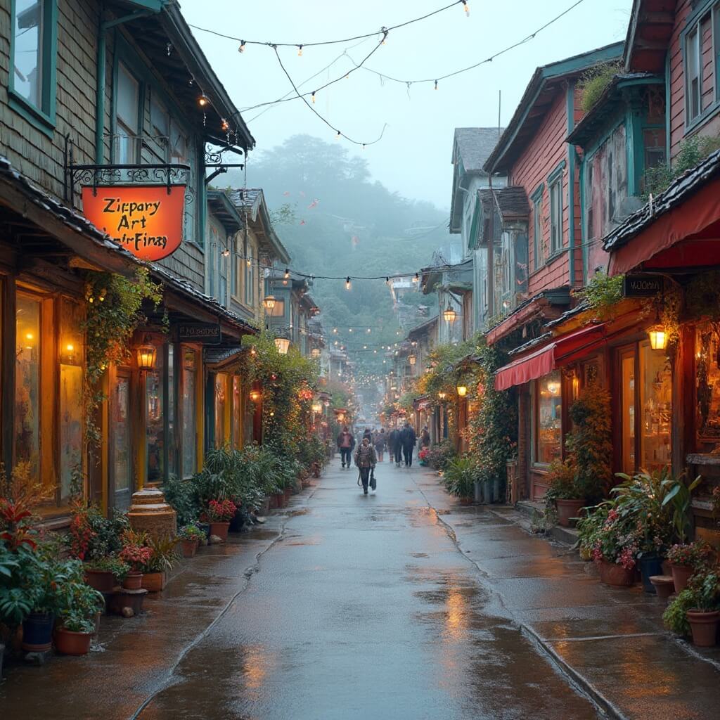 Quaint downtown Cannon Beach street with colorful art galleries, wooden storefronts and boutiques under overcast lighting