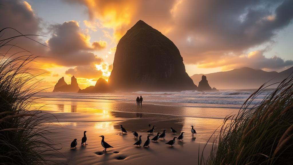 "Dramatic sunset over Cannon Beach with Haystack Rock silhouetted against golden sky, puffins circling, and beachgoers on shoreline, framed by beach grass and distant mountains."