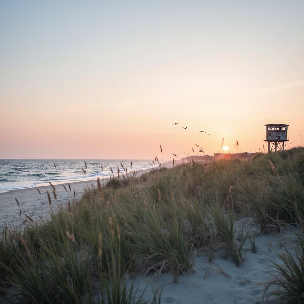 Dawn at Cape Henlopen State Park with dune grass, WWII observation tower silhouette, gentle waves and flying seabirds