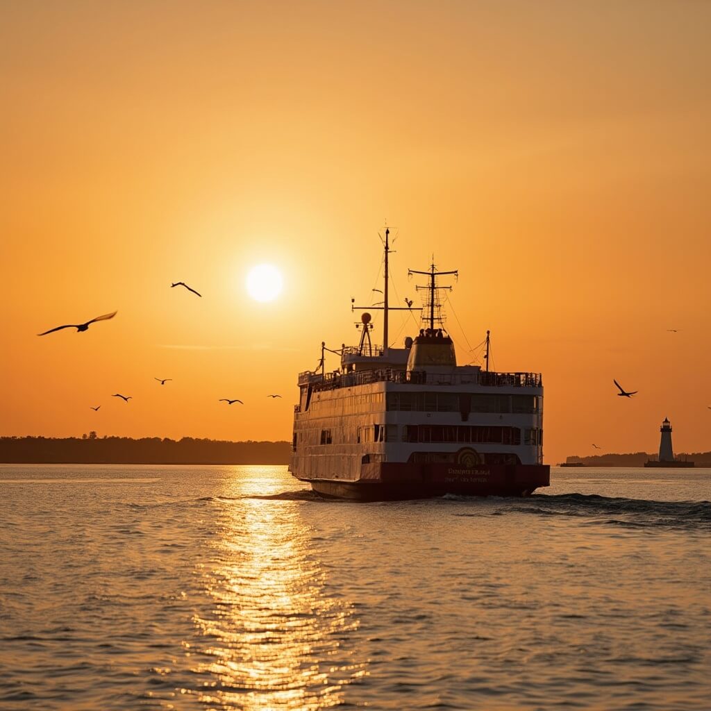 Cape May-Lewes Ferry crossing Delaware Bay at sunrise with seabirds and silhouetted lighthouse in the background