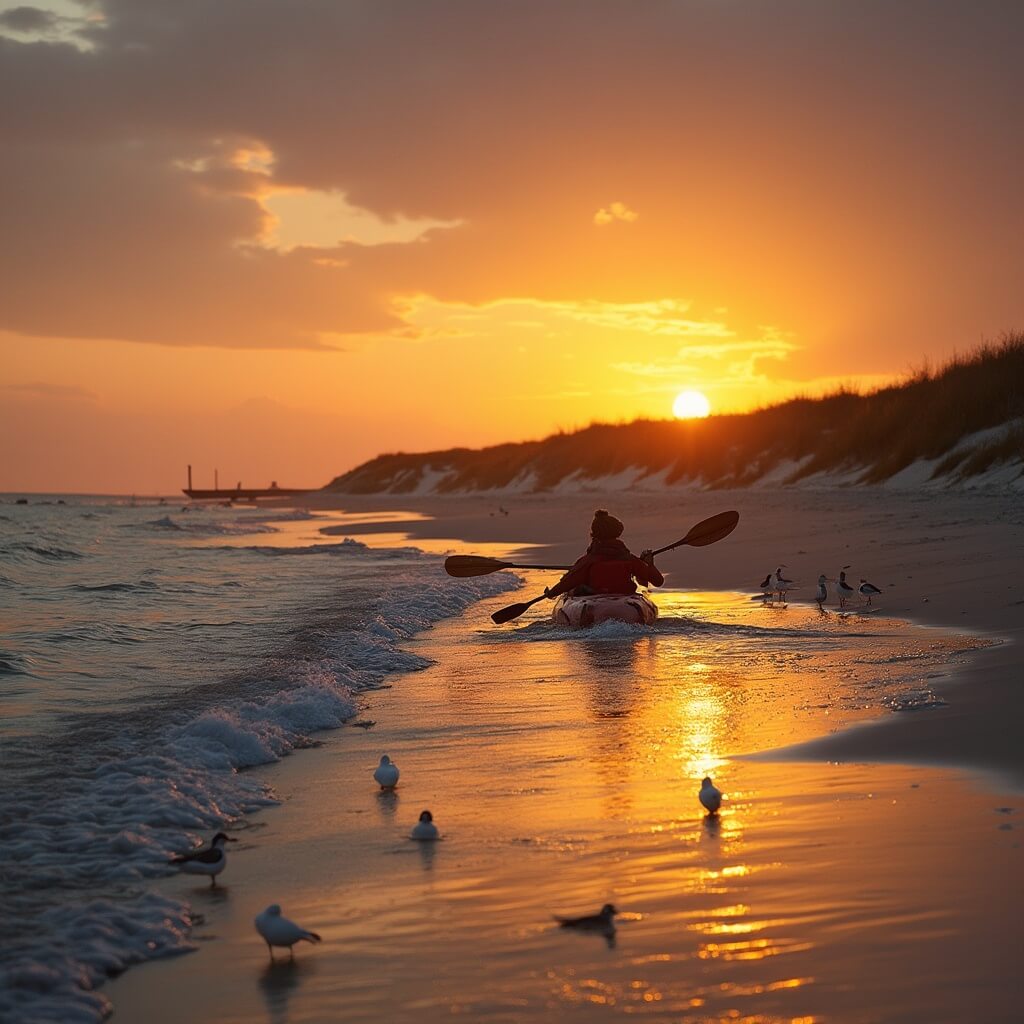 Kayaker paddling at sunset near Cape May Point with beach, dunes, and wading shorebirds in the background