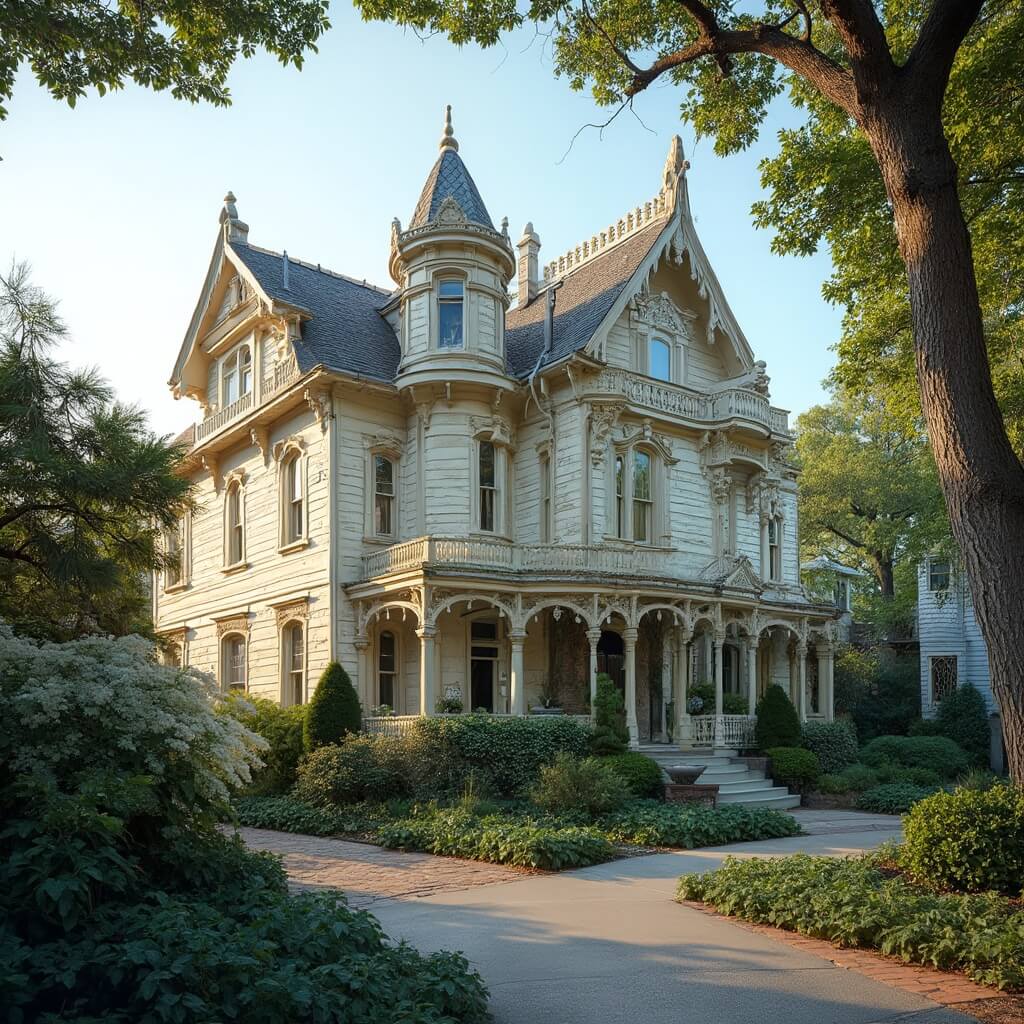 Pastel Victorian mansion with gingerbread trim in Cape May, bathed in soft morning light with lush gardens in the foreground