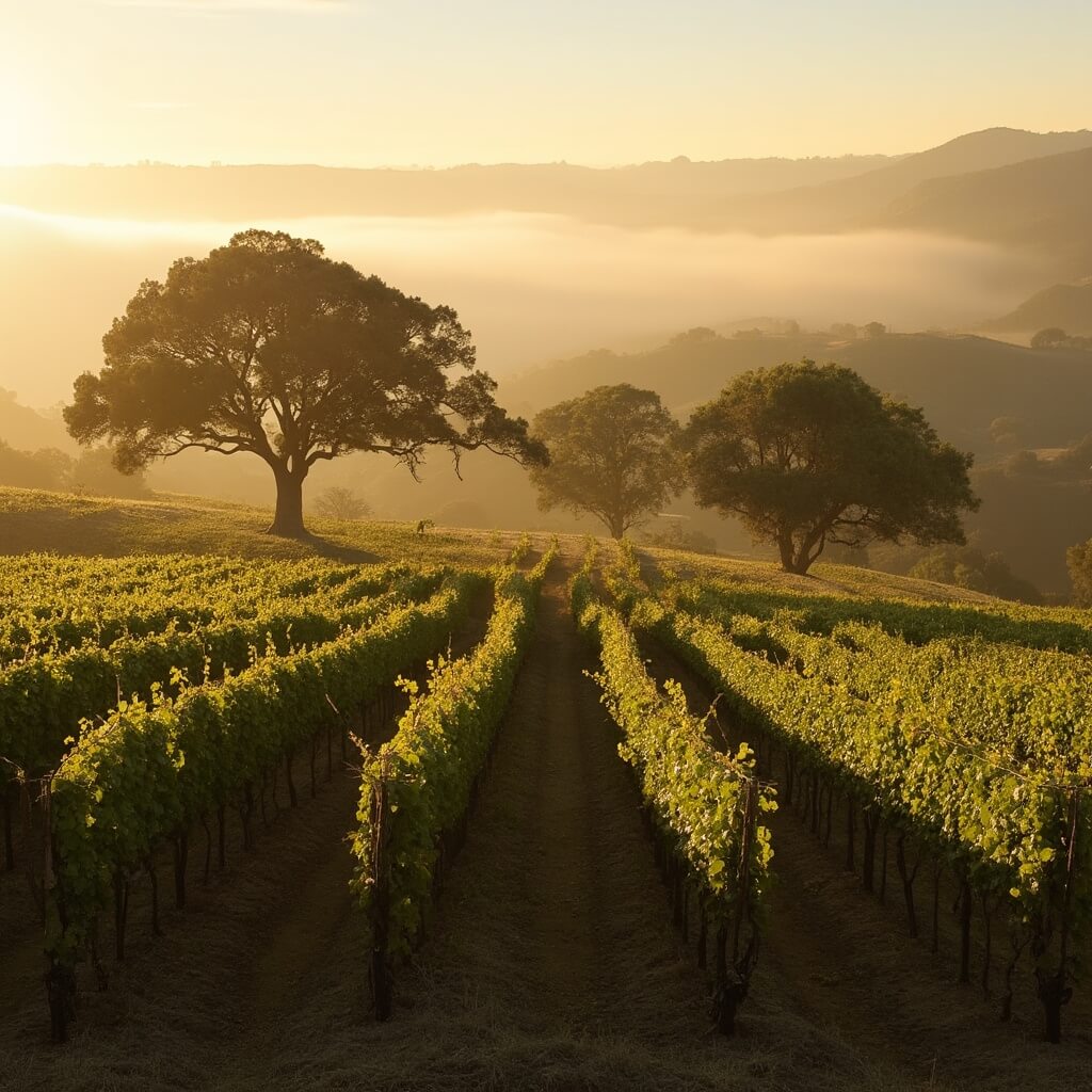 Sweeping vineyard in Carmel Valley at sunrise with grapevines, foggy hills, glistening dew on grapes, and oak trees