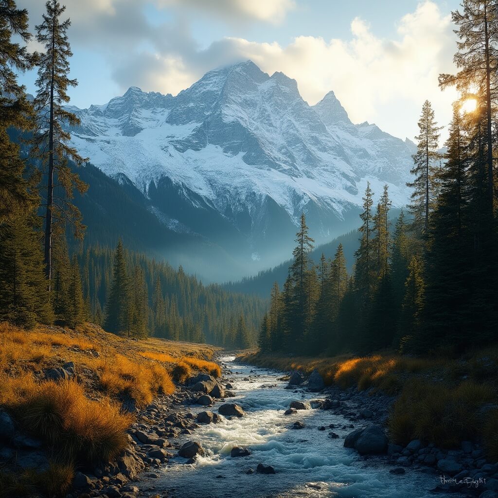 Panoramic view of snow-capped Cascade Mountains with Icicle Creek in the foreground, pine forests on the slopes, and the golden light of the afternoon creating dramatic shadows.