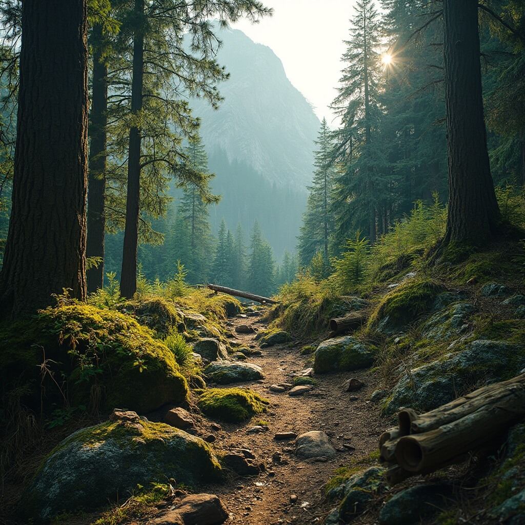Hiking trail in the Cascade Range with tall pine trees, soft sunlight, moss-covered rocks and fallen logs