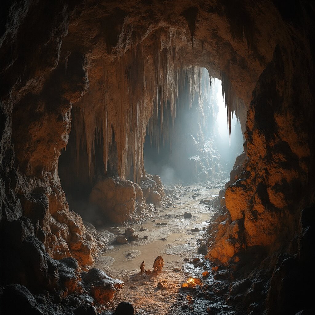 Overhead view of Cathedral Caverns' expansive 126-foot wide entrance showcasing intricate rock formations and stalagmites under soft ambient lighting.