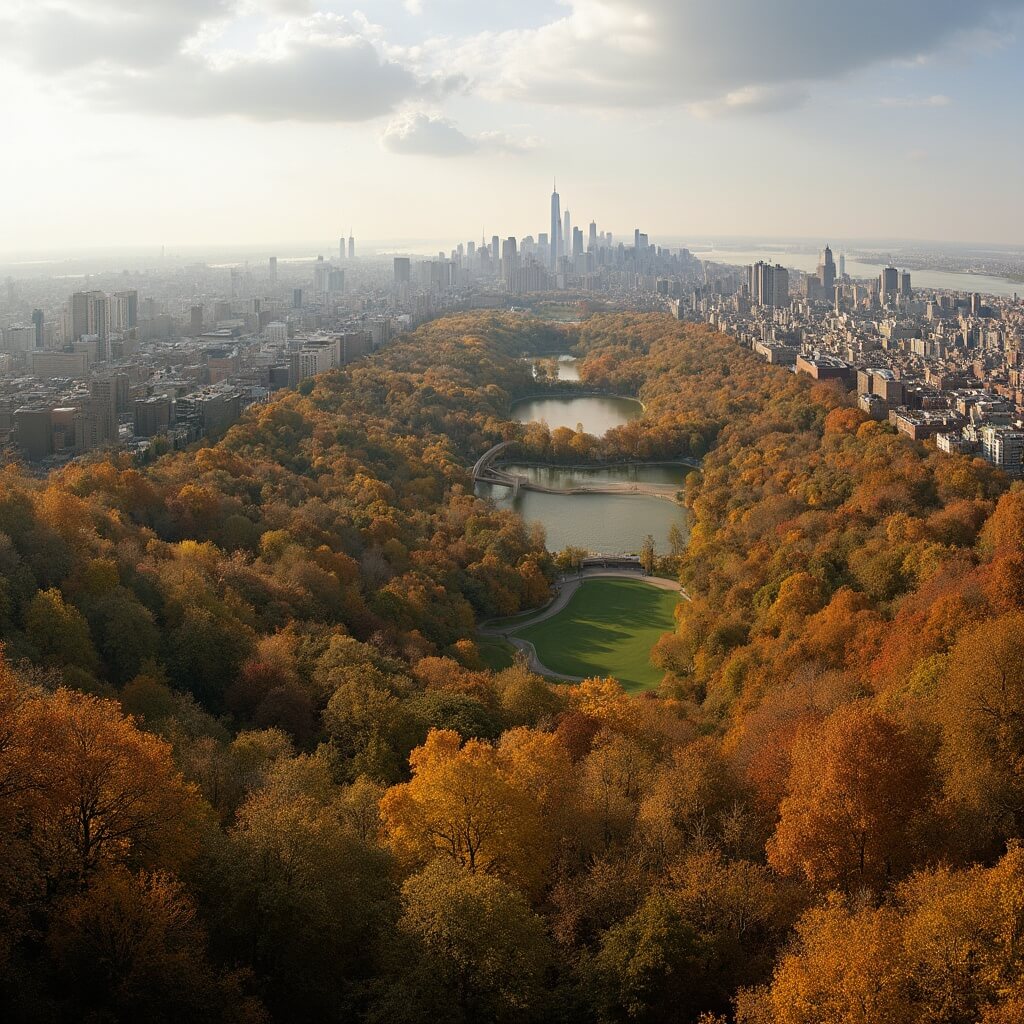 Autumn panorama of Central Park with golden leaves falling, winding paths, and the Manhattan skyline in the background