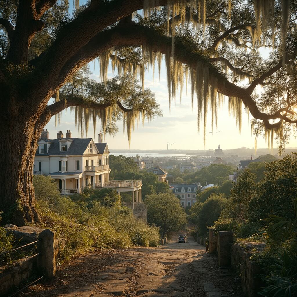 Panoramic view of The Battery featuring antebellum mansions, grand oak trees with hanging Spanish moss in soft golden afternoon light, with Charleston Harbor in the background