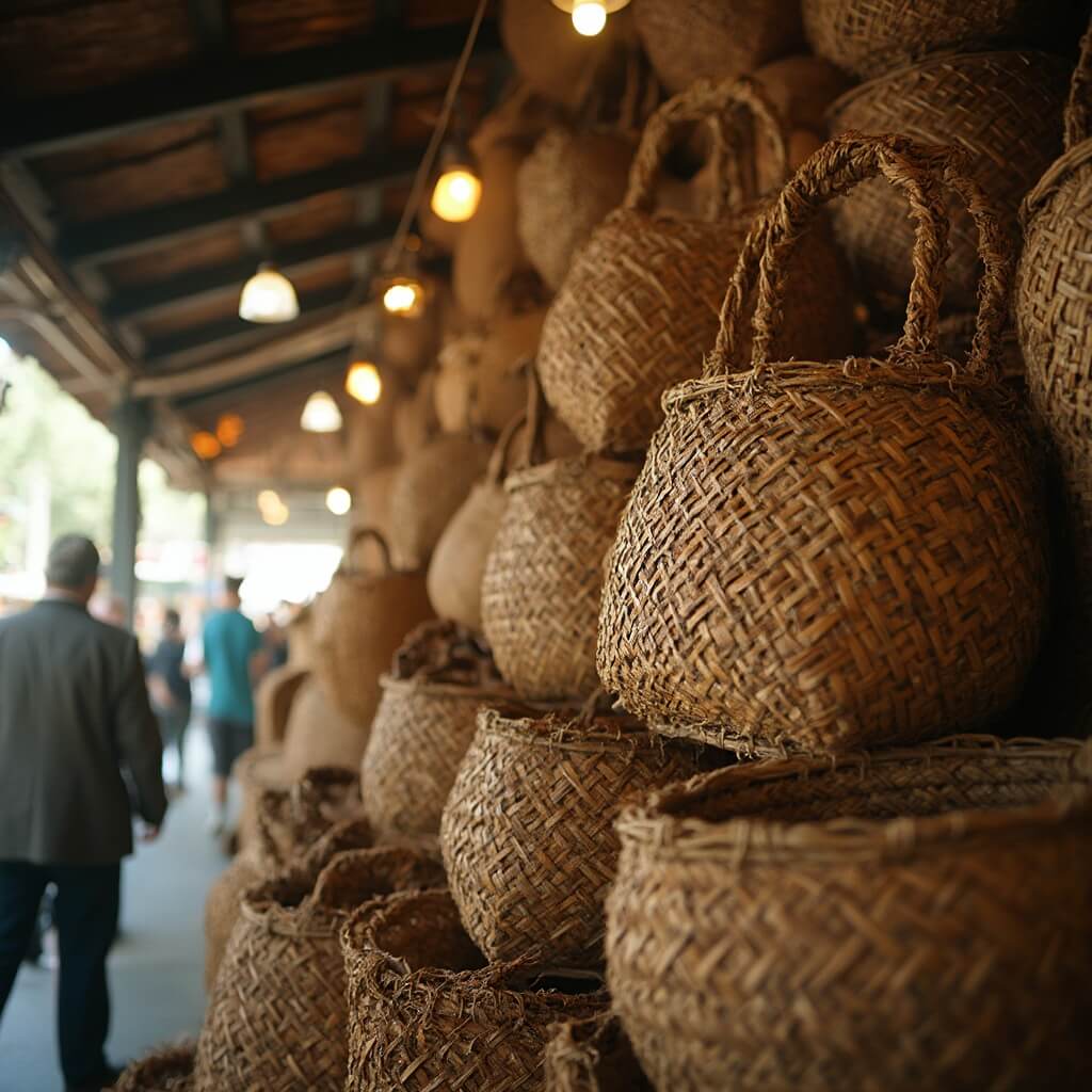 Charleston City Market showcasing Gullah artisan's intricate handwoven sweetgrass baskets under warm natural light