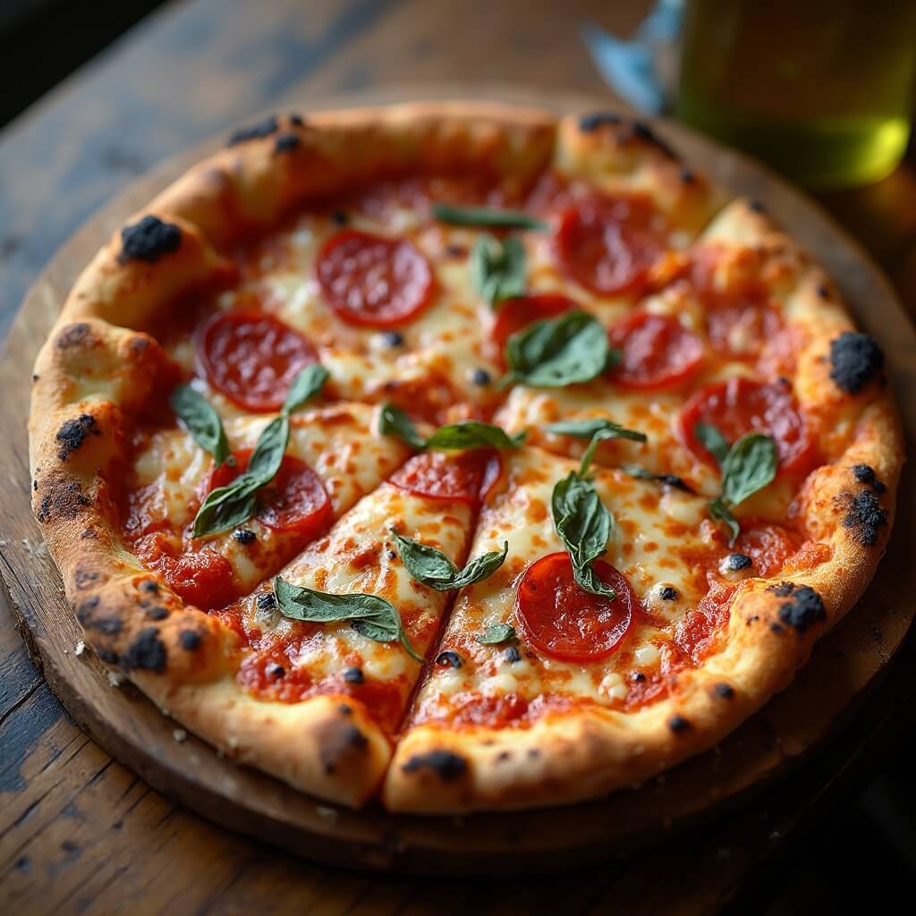 Overhead close-up of a New Haven-style thin-crust pizza with charred golden-black edges on a rustic wooden surface under soft natural lighting