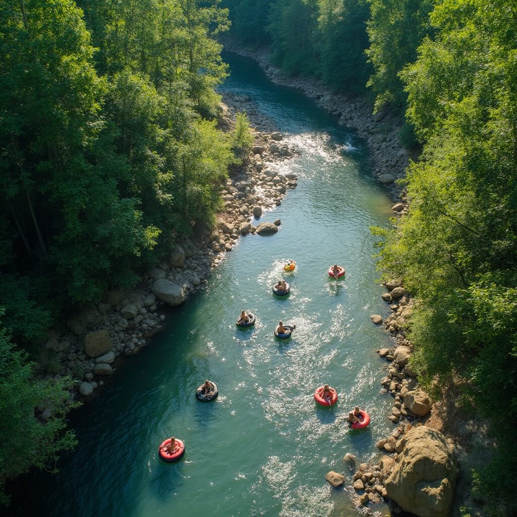Overhead view of colorful tubes floating down the winding Chattahoochee River, surrounded by lush green forest and rocky banks under summer sunlight