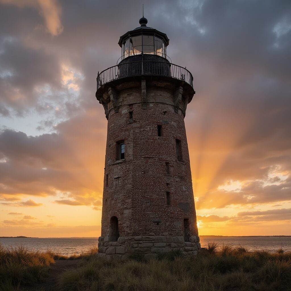 Majestic old brick and stone lighthouse at sunset with Chesapeake Bay in the background and warm golden light casting shadows on the grassy landscape