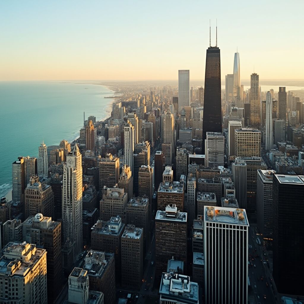 Aerial view of Chicago's skyline at golden hour with skyscrapers, architectural details, and Lake Michigan in the background