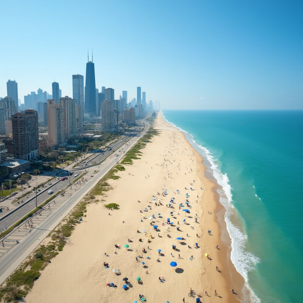 Aerial view of North Avenue Beach in summer with turquoise lake waters, sandy shoreline, cyclists and joggers on trail, colorful beach umbrellas, and Chicago skyline in the background