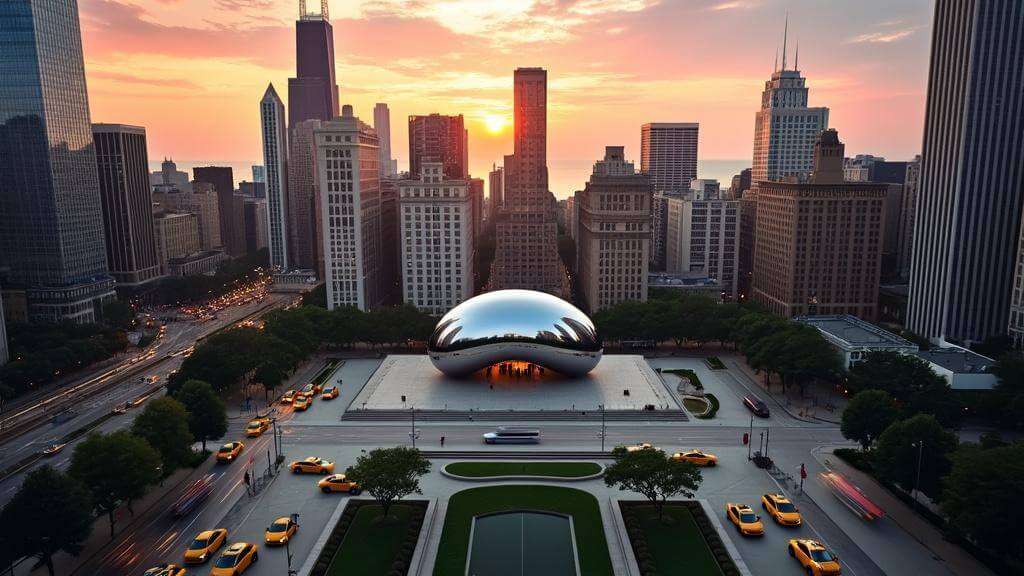 "Aerial view of Chicago skyline at sunset with Willis Tower, Lake Michigan, Millennium Park, and 'The Bean' visible, under an orange-pink sky"