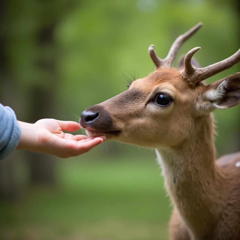 Child gently feeding a curious deer at Wisconsin Deer Park with blurred greenery in the background