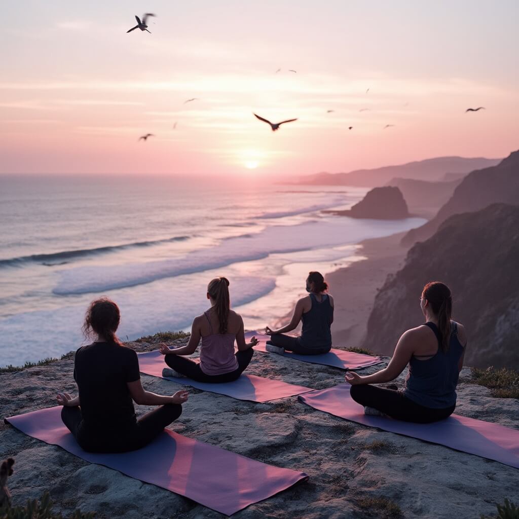 Participants practicing yoga on a cliff at sunset, overlooking a pink and purple colored ocean with seabirds in flight.