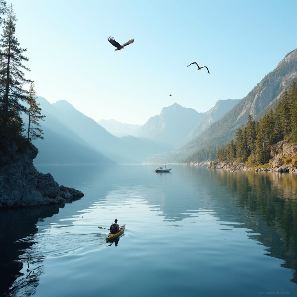 Lone kayaker paddling on Lake Coeur d'Alene with bald eagles overhead, mountains reflected in clear water and golden sunlight illuminating the landscape