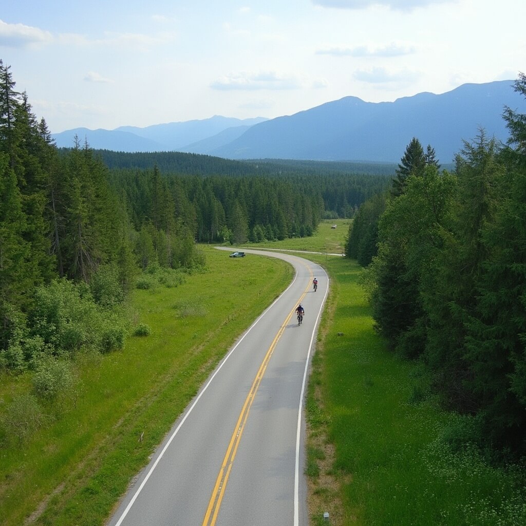 Cyclists on the Trail of the Coeur d'Alenes, a paved biking path winding through lush forests and meadows with distant mountains.