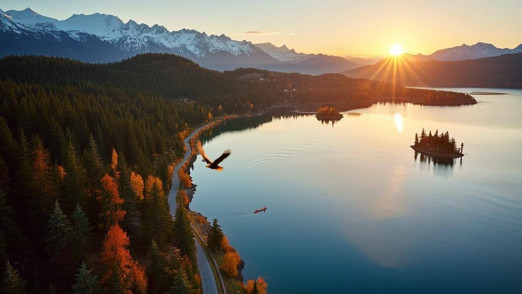 "Aerial view of Lake Coeur d'Alene at sunset, kayaker on the calm water, bald eagle in flight, snowy mountains in the distance, and autumnal forest surrounding Tubbs Hill peninsula and small islands."