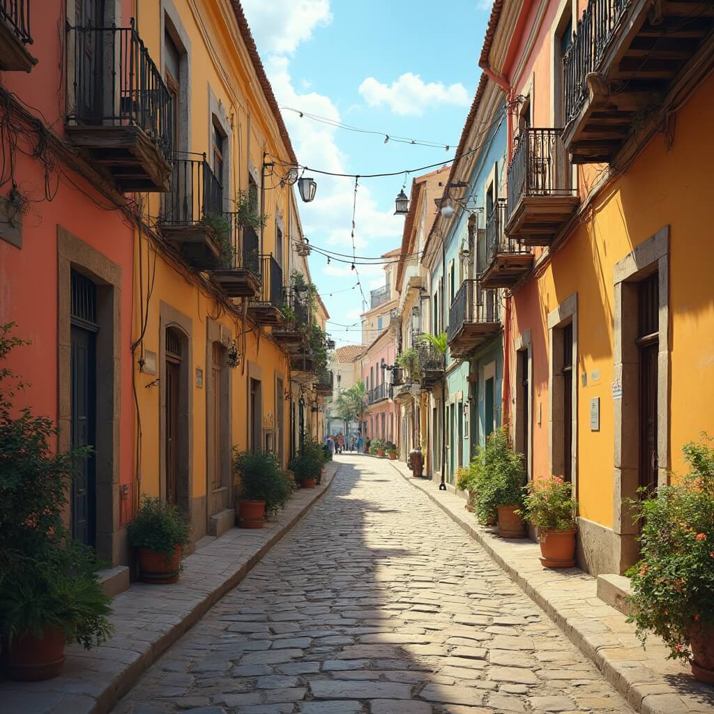 Early morning in Old Town St. Augustine showcasing Spanish colonial architecture, colorful historic buildings, and stone pathways, emphasizing city's preserved heritage