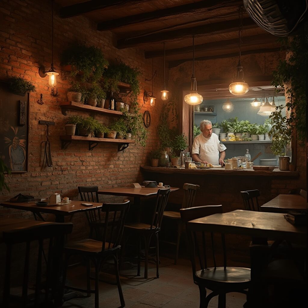 Interior of a cozy family-owned restaurant with exposed brick walls, wooden tables, vintage pendant lights, and an elderly chef preparing Cuban sandwiches visible through a kitchen window, surrounded by rustic wooden shelves displaying fresh herbs and local ingredients.