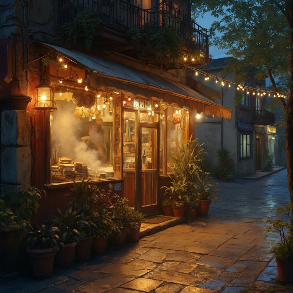 Family-owned Latin American restaurant on a quaint Fair Haven street with golden light illuminating from its windows, steam from freshly made arepas visible from an open kitchen window and exterior adorned with potted plants and string lights.