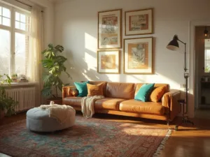 "Sunlit vintage modern living room during golden hour with cognac leather armchair, gray ottoman, brass-framed artworks, and a monstera plant"