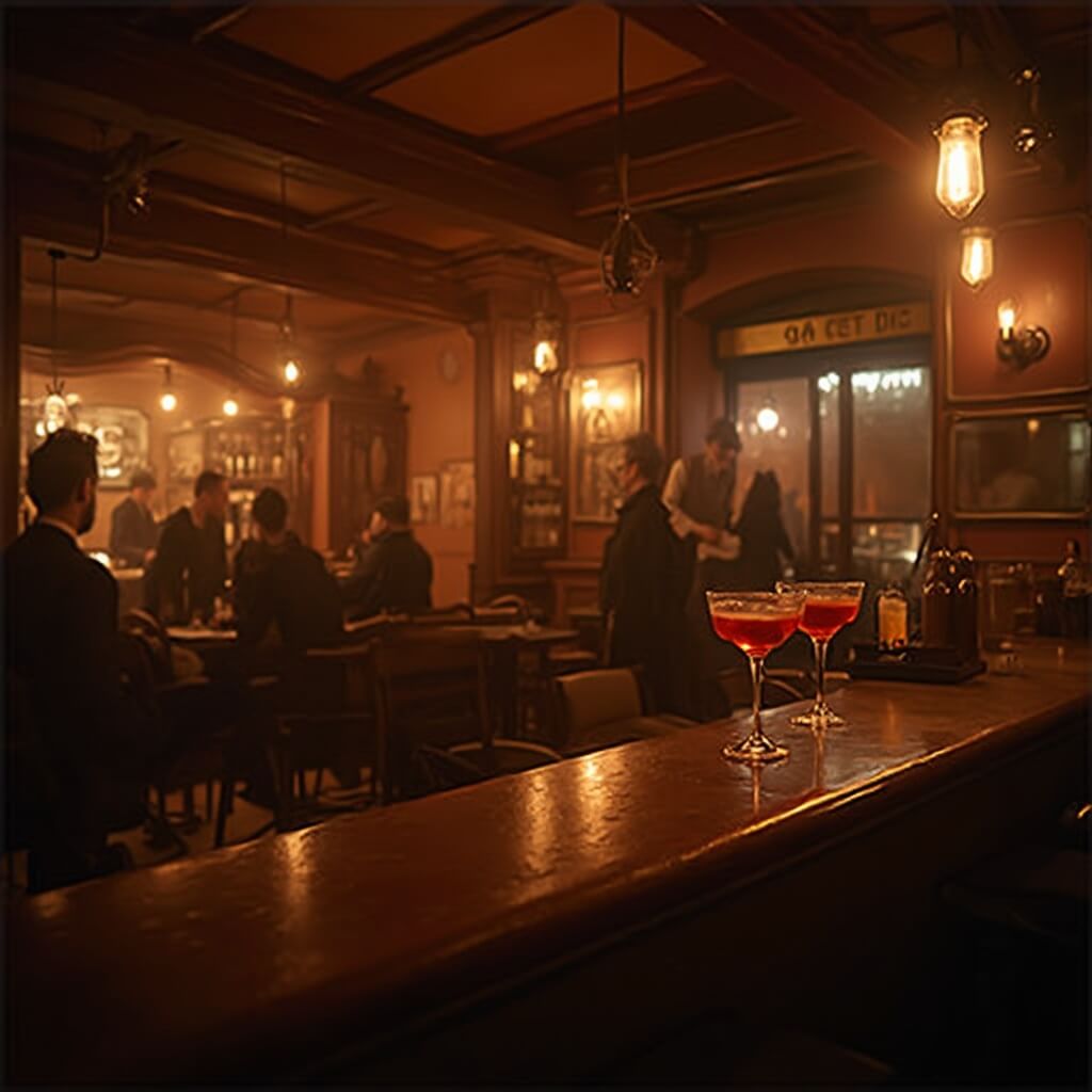 Musicians performing on a small stage in a cozy jazz bar with vintage wooden furniture, warm amber lighting, and craft cocktails on a polished bar top