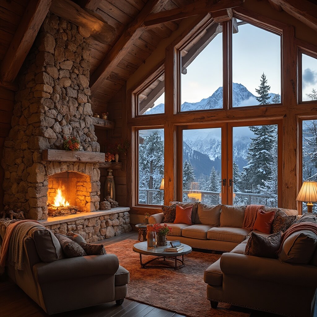 Rustic mountain cabin interior at sunset with stone fireplace, wooden beams, floor-to-ceiling windows showcasing snowy peaks, plush sofa with blankets, and a modern kitchenette