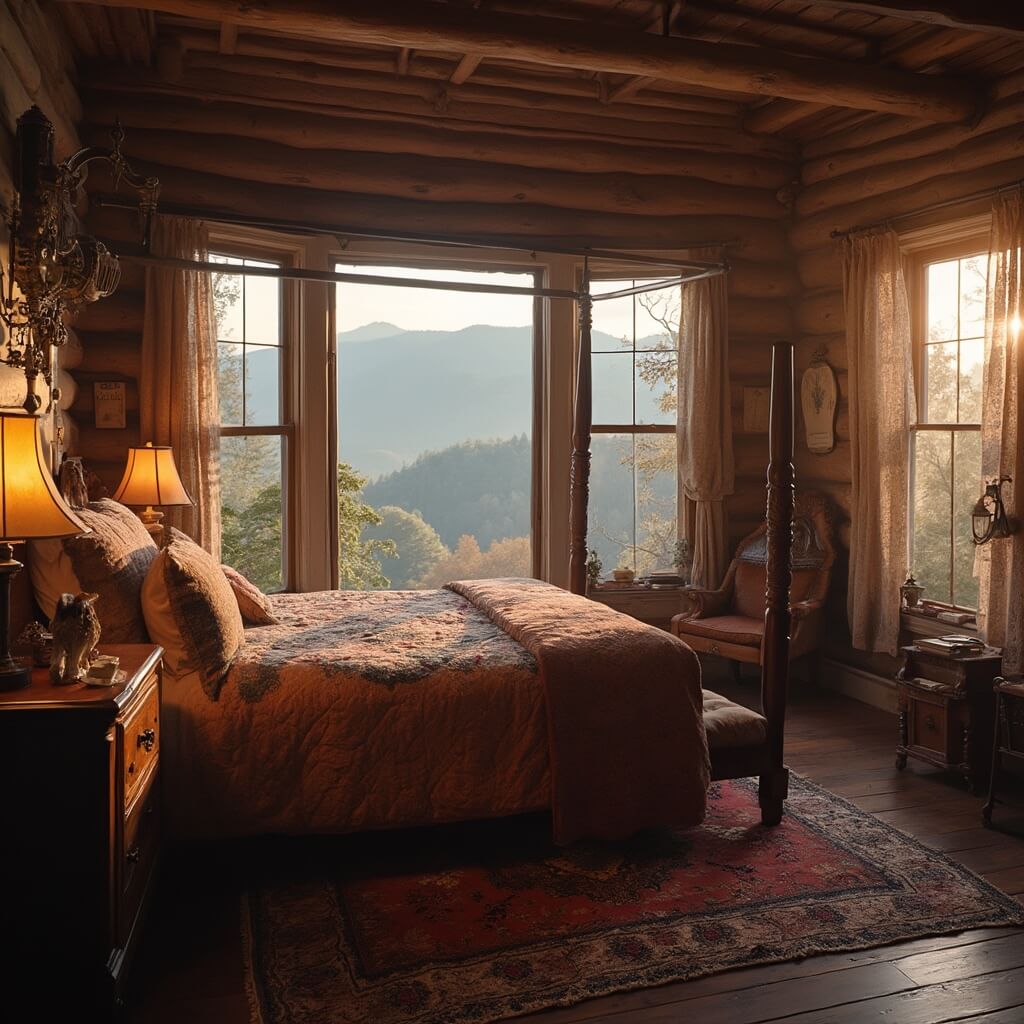 Sunrise in a historic mountain inn bedroom with wooden furniture, four-poster bed, view of Blue Ridge Mountains through bay windows, antique brass fixtures, vintage rugs and a coffee cup on a rustic bedside table.
