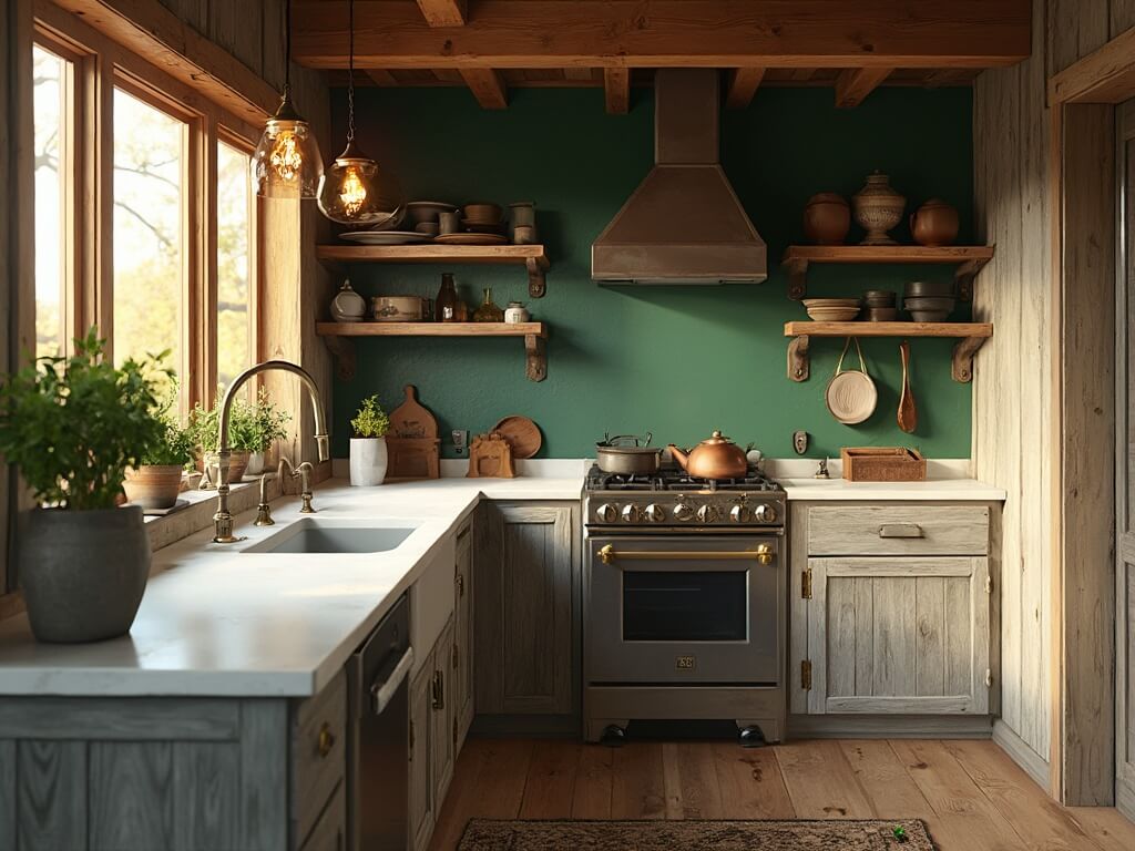 "Cozy rustic cabin kitchen with morning sunlight, gray barn wood cabinets, soapstone countertops with fresh herbs, forest green accent wall with wooden shelving, cast iron cookware, pine floors, copper kettle on gas range, and Edison bulb lighting."