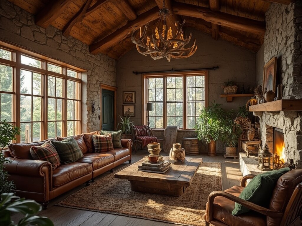 "Rustic cabin living room with vaulted wooden ceiling, stone fireplace, leather sectional, antler chandelier and floor-to-ceiling windows during golden hour"