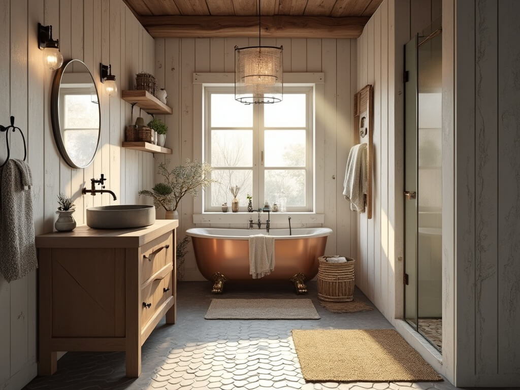 "Cozy rustic luxury cabin bathroom with copper tub, marble herringbone tiles, walnut vanity, and glass-enclosed shower with river rock flooring"