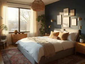 "Sunlit modern bedroom with DIY navy accent wall, vintage décor, and budget-friendly furnishings during golden hour"