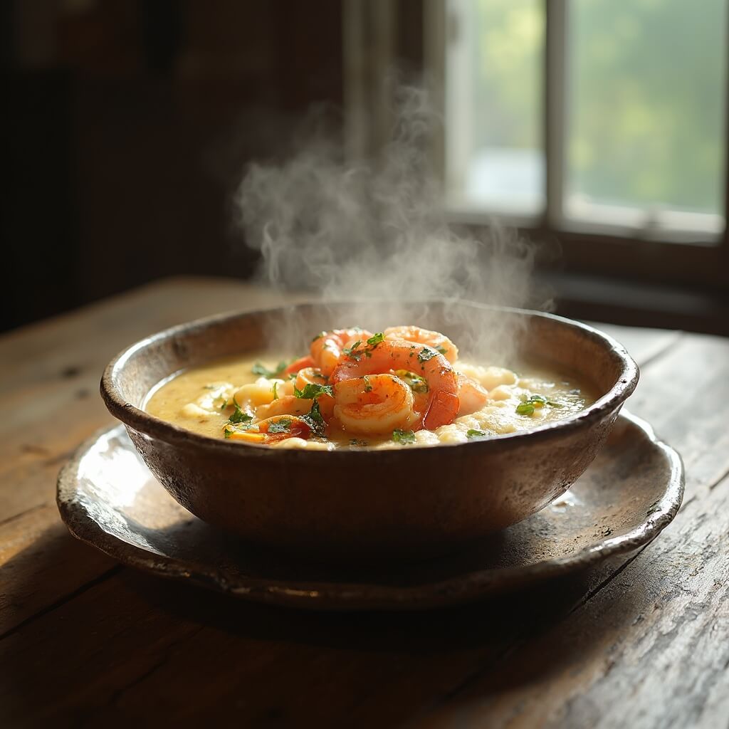 Steaming bowl of creamy shrimp and grits in rustic ceramic bowl, garnished with herbs and seared shrimp, under morning light on a distressed wooden table
