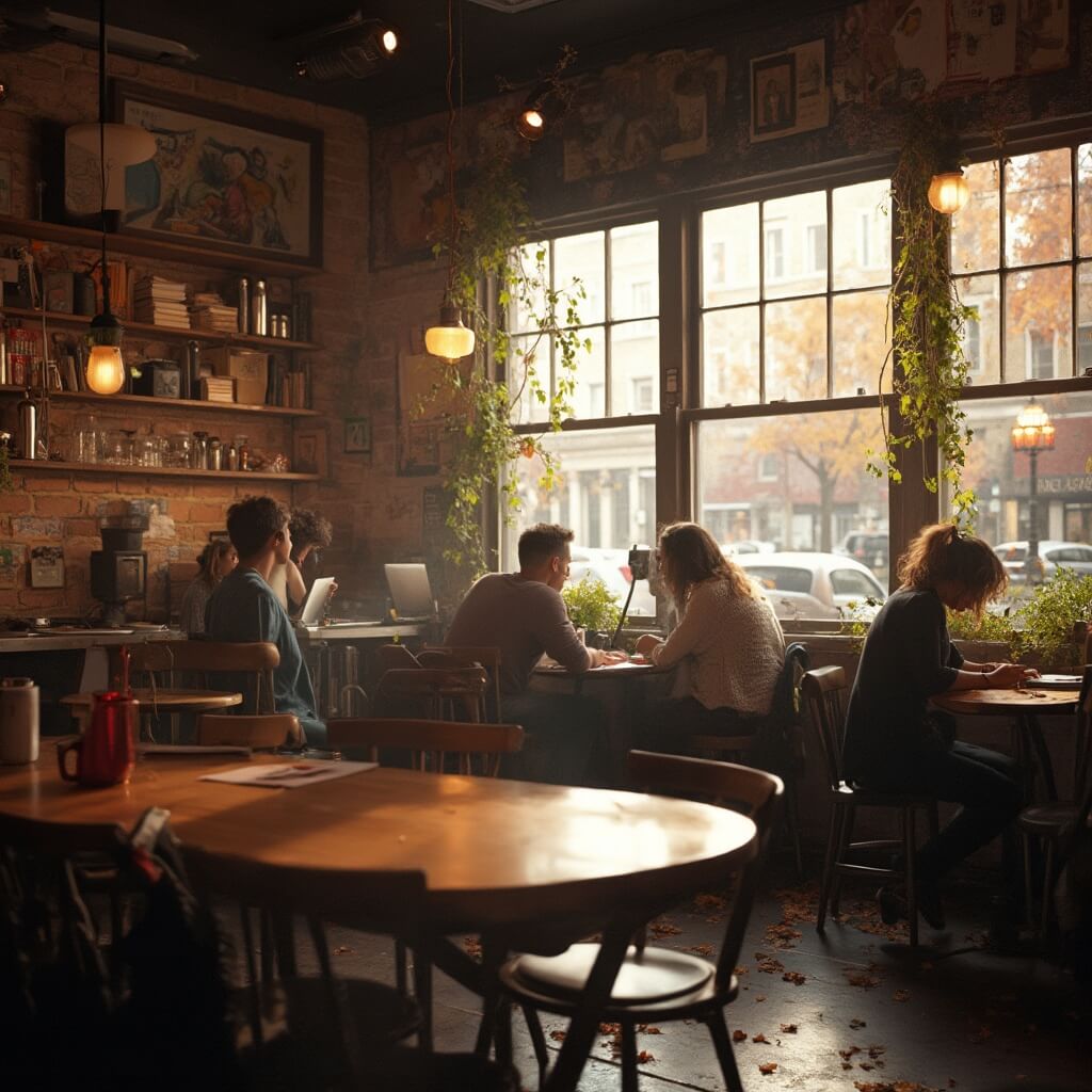Students collaborating in a cozy, warmly lit Ann Arbor coffee shop with wooden tables, sketching materials, laptops, and autumn light filtering through large windows