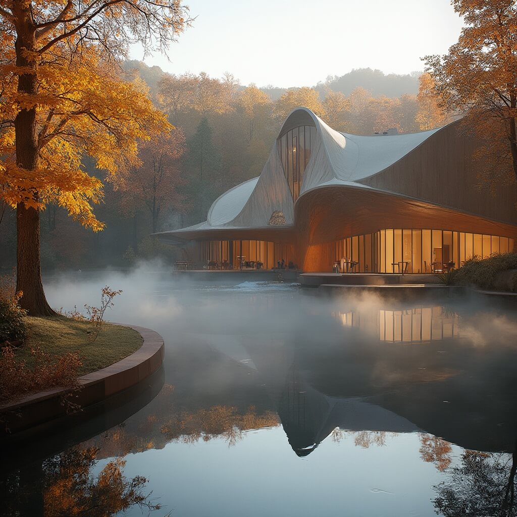 Crystal Bridges Museum exterior with curved architecture among autumn trees, reflected in water with morning mist