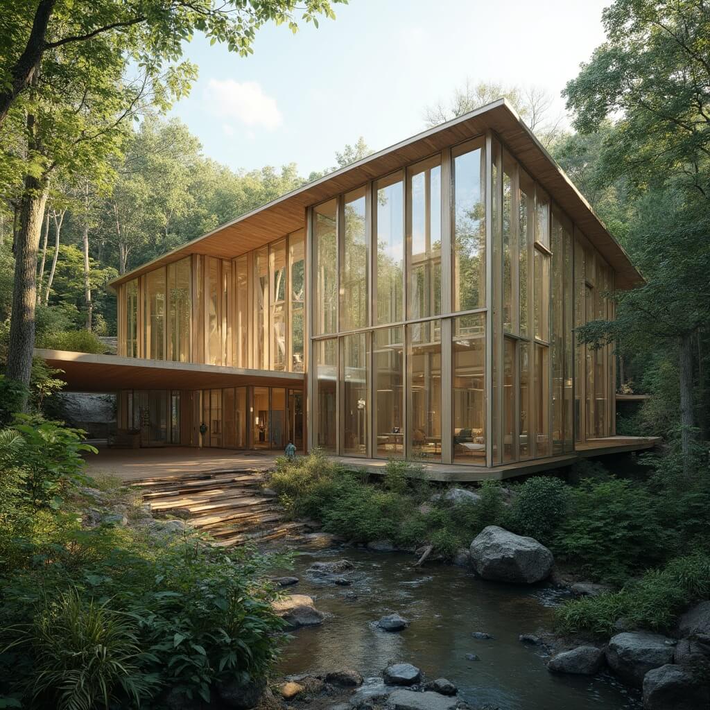 Crystal Bridges Museum's glass and wood architecture immersed in the Ozark forest with natural light illuminating the geometric design