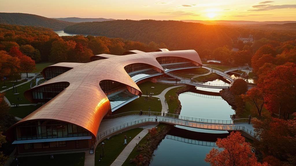 "Aerial sunset view of Crystal Bridges Museum with its distinctive copper roofs reflected in water, surrounded by autumn Ozark forest with art installations, hiking trails, and the relocated Frank Lloyd Wright house."