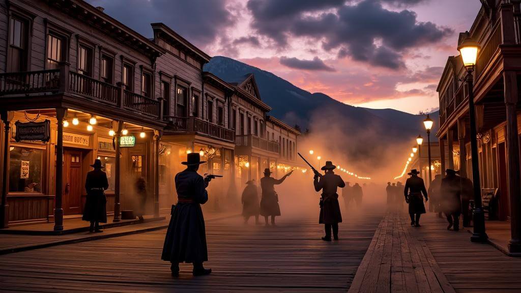 "Dramatic photograph of a Western shootout reenactment on Deadwood's historic Main Street at dusk, with vintage gas lamps illuminating 19th-century storefronts, against the backdrop of the Black Hills mountains."