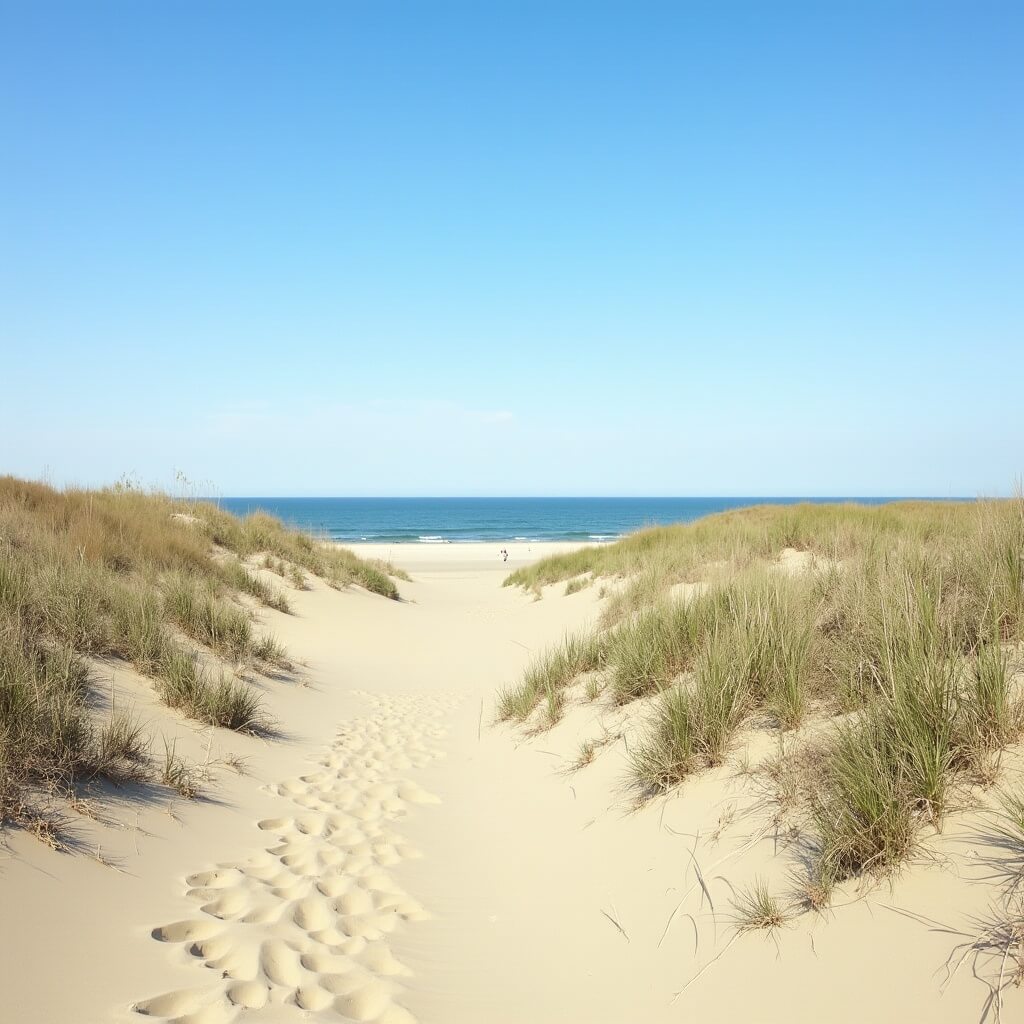 Untouched coastline of Delaware Seashore State Park with dunes, sea grasses, clear sky and pristine sandy beach extending into distance