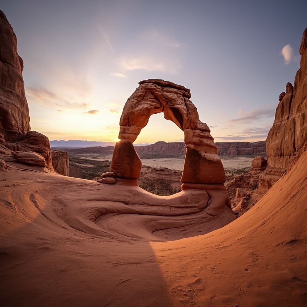 Delicate Arch at golden hour in Arches National Park with vast desert sky and rock formations backdrop