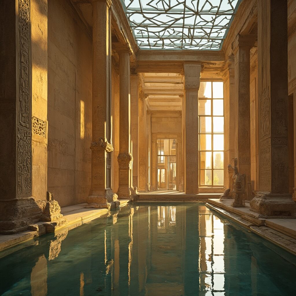 Temple of Dendur at the Metropolitan Museum of Art bathed in golden hour light with reflections in water feature